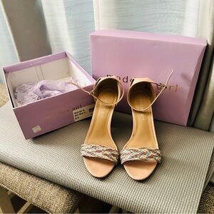 Madden Girl Tan Ankle-Strap Heels with Multicolor Braided Front